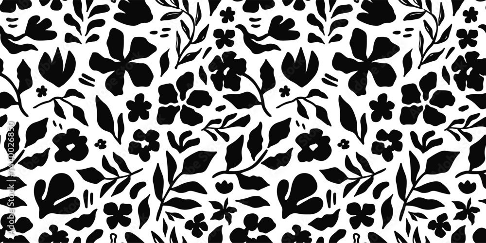 Seamless floral pattern with abstract black flowers, leaves, and botanical elements on a white background. Trendy modern design for fabric, wallpaper, wrapping paper, and digital projects. Vector