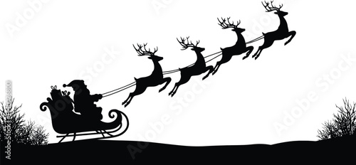A black vector silhouette design shows Santa Claus on a sledge pulled by a deer, a Christmas illustration of a winter animal transparent AI Generative