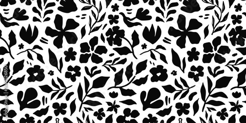 Seamless floral pattern with abstract black flowers, leaves, and botanical elements on a white background. Trendy modern design for fabric, wallpaper, wrapping paper, and digital projects. Vector