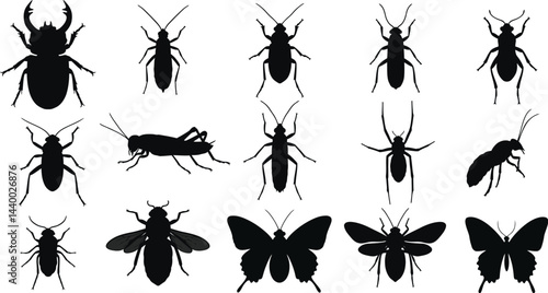 Vector set of black insect silhouettes features ant, bee, beetle, fly, mosquito, butterfly, and dragonfly icons transparent AI Generative