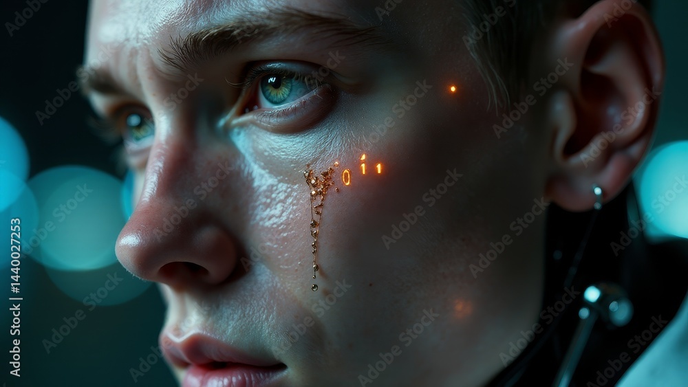 Cyborg Woman Crying Tears Of Binary Code