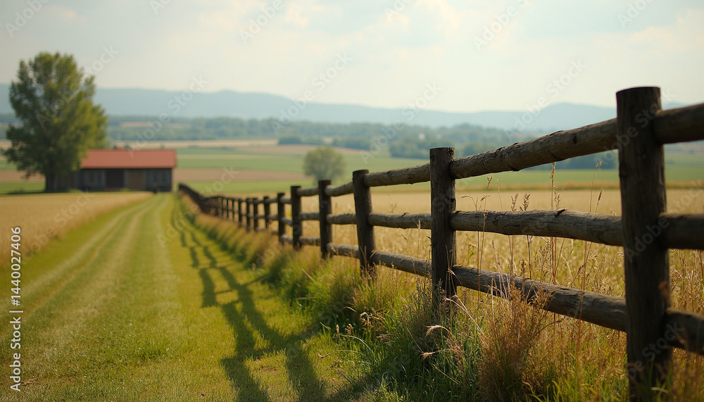 Rustic Wooden Fence in a Peaceful Countryside Meadow Rustic Wooden Fence in a Peaceful Countryside Meadow