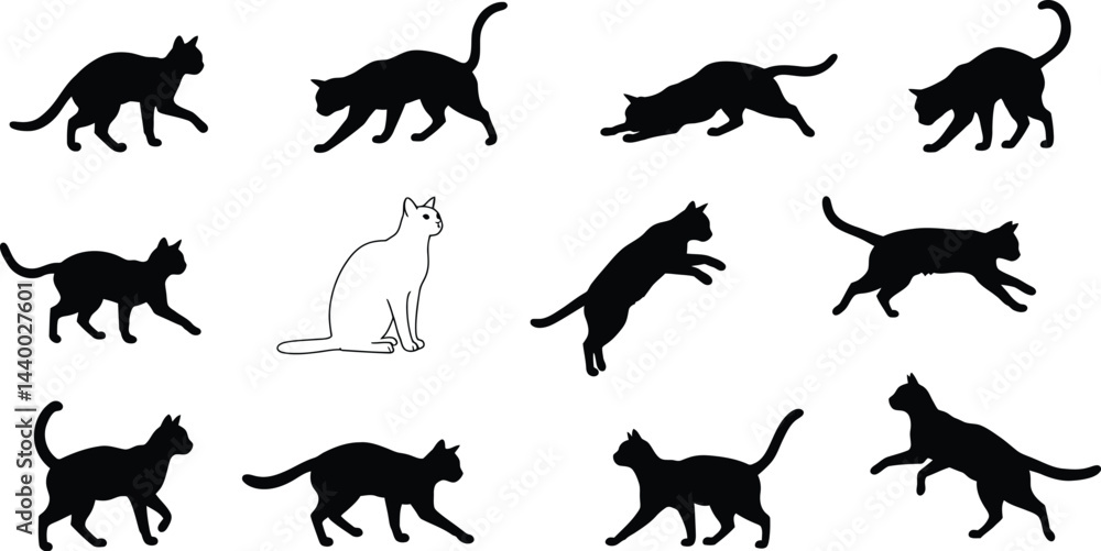 Obraz premium This black vector illustration showcases a collection of animal silhouettes, including a cat with its tail, a dog, and a wild kangaroo, in a simple outline designtransparent AI Generative