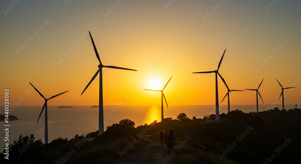 Wind Turbines at Sunset along Coastline Energy Production Wind Turbines at Sunset along Coastline Energy Production