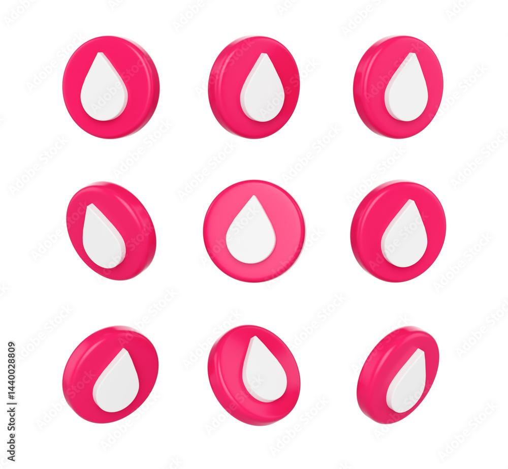 3d Pink circular buttons with a white droplet symbol in the center. 3D Illustration. 3d Pink circular buttons with a white droplet symbol in the center. 3D Illustration.