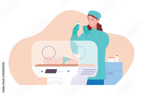 Neonatologist. Premature newborn intensive infant in incubator box neonatal hospital intensive care with pediatrician nurse, pediatric nicu neonatology room vector illustration