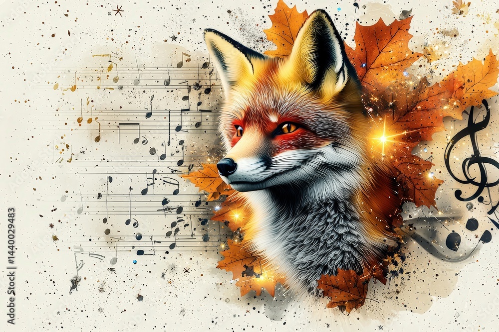 custom made wallpaper toronto digitalVibrant fox surrounded by musical notes and autumn leaves: a perfect blend of nature and art