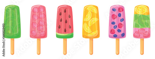 Fruit popsicles. Popsicle cartoon ice cream on stick, frozen juice water eskimo fresh strawberry kiwi watermelon flavors icecream popstick summer lollipop, neat vector illustration
