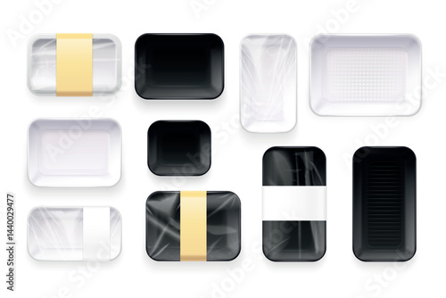 Food packaging trays. Plastic vacuum container for ready meals or frozen vegetables package mockup, styrofoam empty tray clear cellophane box, realistic exact vector illustration