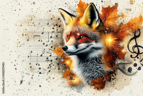 Wallpaper Mural Vibrant fox surrounded by musical notes and autumn leaves: a perfect blend of nature and art Torontodigital.ca