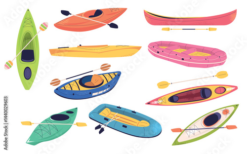 Kayak boats. Different boats kayaking sport equipment, canoe paddle oars river lake rafting water ship rowing competition gear, cartoon set isolated classy vector illustration