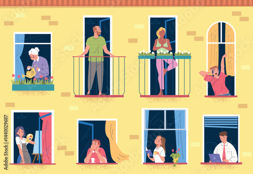 Neighbors in windows. Condo neighborhood, neighbor people in open window or balcony drink coffee and talk together building apartment community neighbour classy vector illustration