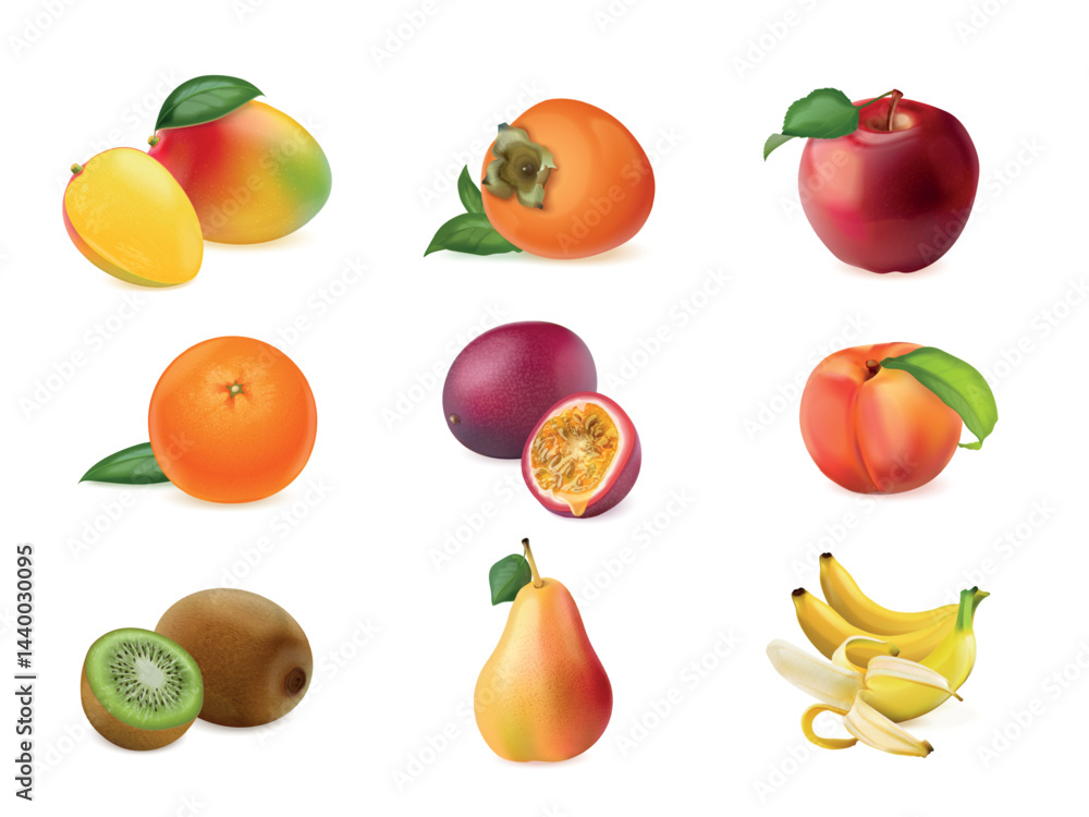 Realistic fruits. 3d isolated fruit, apple peach mango pear banana kiwi healthy food summer ripe sweet juicy ingredient fruity organic diet nutrition set exact vector illustration Realistic fruits. 3d isolated fruit, apple peach mango pear banana kiwi healthy food summer ripe sweet juicy ingredient fruity organic diet nutrition set exact vector illustration