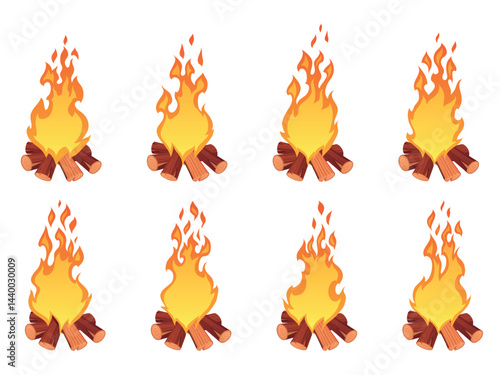 Campfire animation. Animated camp fire beach bonfire sequence frame, burn woods sprite sheet 2d game fx effect night fireplace flame tongue motion cartoon tidy vector illustration