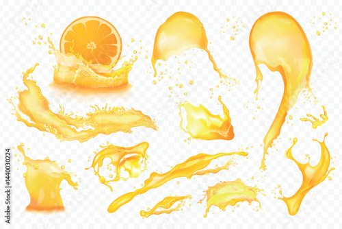 Realistic juice flowing. 3d oil splash, juiced fruit orange drink tornado juicesplash beer apple pineapple mango, liquid twister juices drop splashes, set exact vector illustration