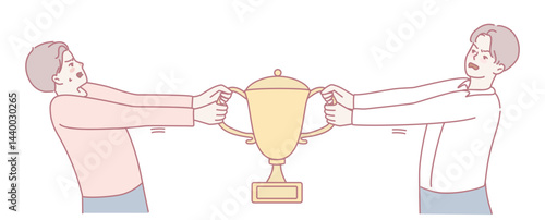 This illustration shows two people fiercely competing for a trophy, symbolizing rivalry and the pursuit of success