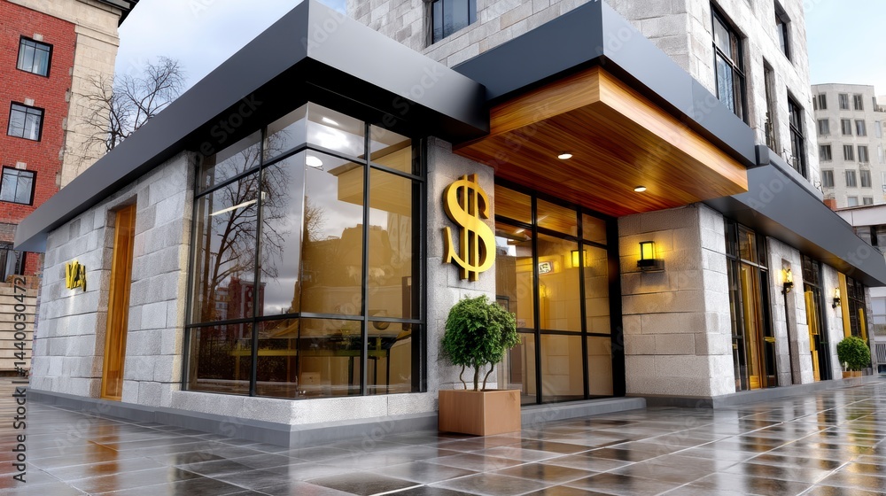 Fototapeta premium Financial institution exterior urban setting photography modern architecture ground level view business concept