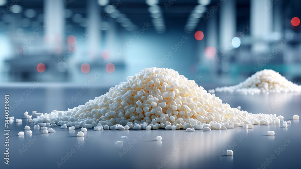 © Anastasiya Marchenko - Plastic polymer pellets in white color piled up on a factory table in modern industrial interior © Anastasiya Marchenko - Plastic polymer pellets in white color piled up on a factory table in modern industrial interior
