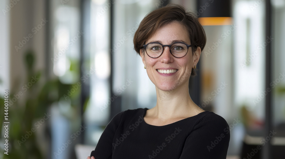 confident woman smiling in modern office environment, showcasing professionalism and approachability confident woman smiling in modern office environment, showcasing professionalism and approachability