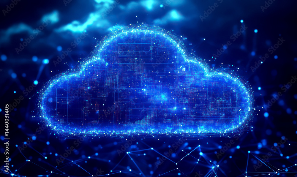 Vibrant Digital Cloud Concept with Blue Data Connections and Lights Background Vibrant Digital Cloud Concept with Blue Data Connections and Lights Background