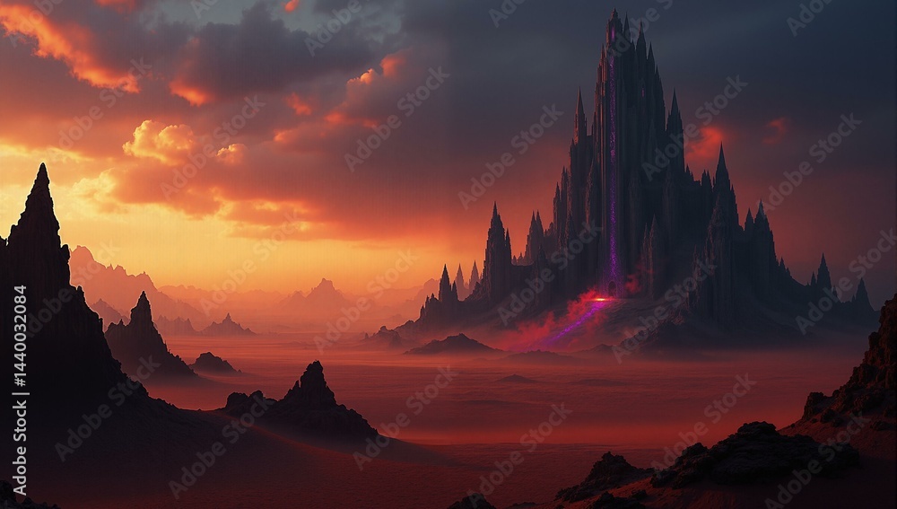 Naklejka premium Obsidian spires rise from rust dunes under a crimson sky; demonic metropolis with a towering structure.