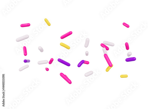Bright and colorful candy sprinkles scattered and floating in mid-air, 3d illustration