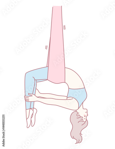 A woman elegantly suspended in a hammock practicing aerial yoga, showcasing her flexibility and graceful movements