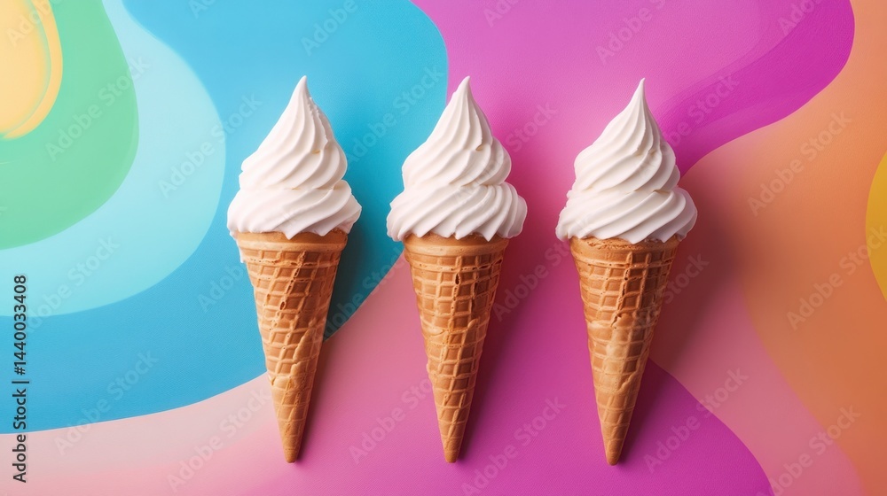 Three delicious vanilla soft serve ice cream cones are arranged against a colorful, abstract pastel background