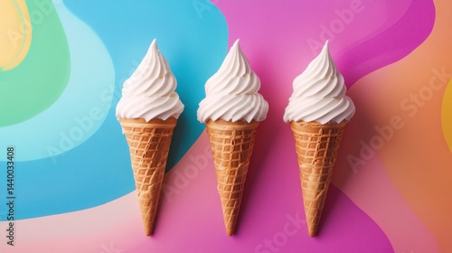 Obraz na płótnie Three delicious vanilla soft serve ice cream cones are arranged against a colorful, abstract pastel background w salonie
