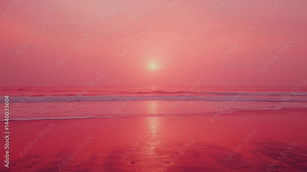 A serene beach glows under a breathtaking red and pink sunset, with gentle waves softly washing onto the shore