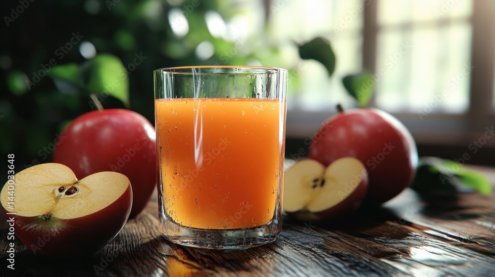 A fresh glass of apple juice stands on a rustic wooden table surrounded by whole and sliced red apples