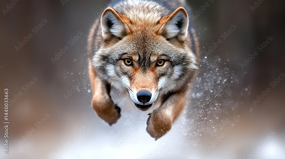Naklejka premium Jumping Coyote in Motion Close Up Wildlife Portrait