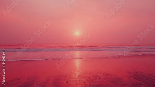 Obraz na płótnie A serene beach glows under a breathtaking red and pink sunset, with gentle waves softly washing onto the shore w salonie