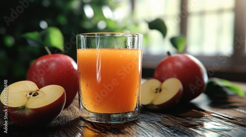 Obraz na płótnie A fresh glass of apple juice stands on a rustic wooden table surrounded by whole and sliced red apples w salonie