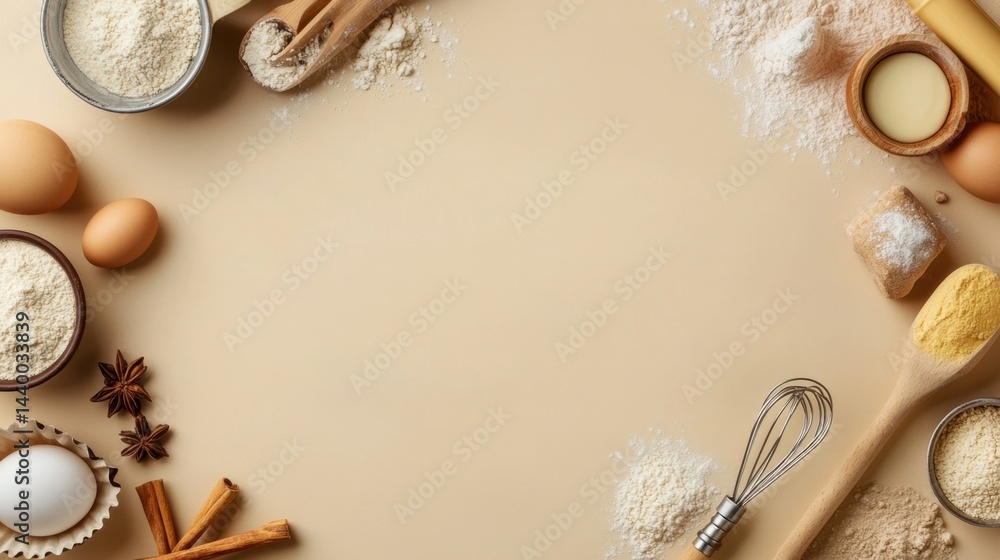 Various baking ingredients like flour, eggs, cinnamon sticks, and kitchen utensils on beige background Various baking ingredients like flour, eggs, cinnamon sticks, and kitchen utensils on beige background