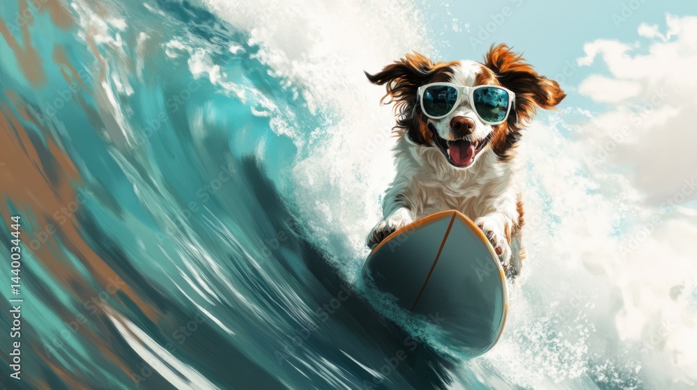 A joyful dog wearing sunglasses rides a surfboard on a vibrant turquoise wave under a bright blue sky