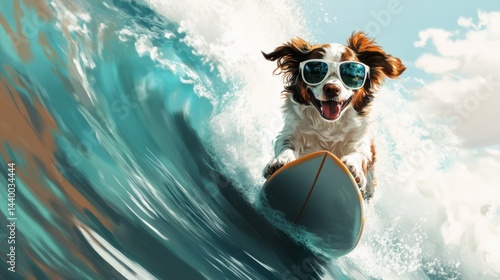 Obraz na płótnie A joyful dog wearing sunglasses rides a surfboard on a vibrant turquoise wave under a bright blue sky w salonie