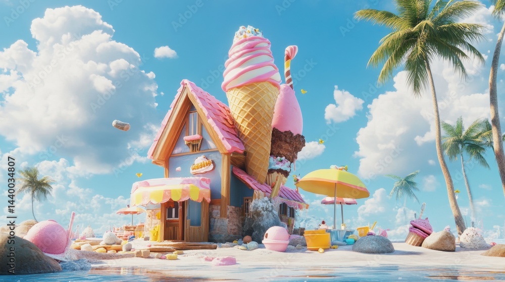 house made entirely of colorful ice cream, candy, and desserts, surrounded by palm trees, umbrellas