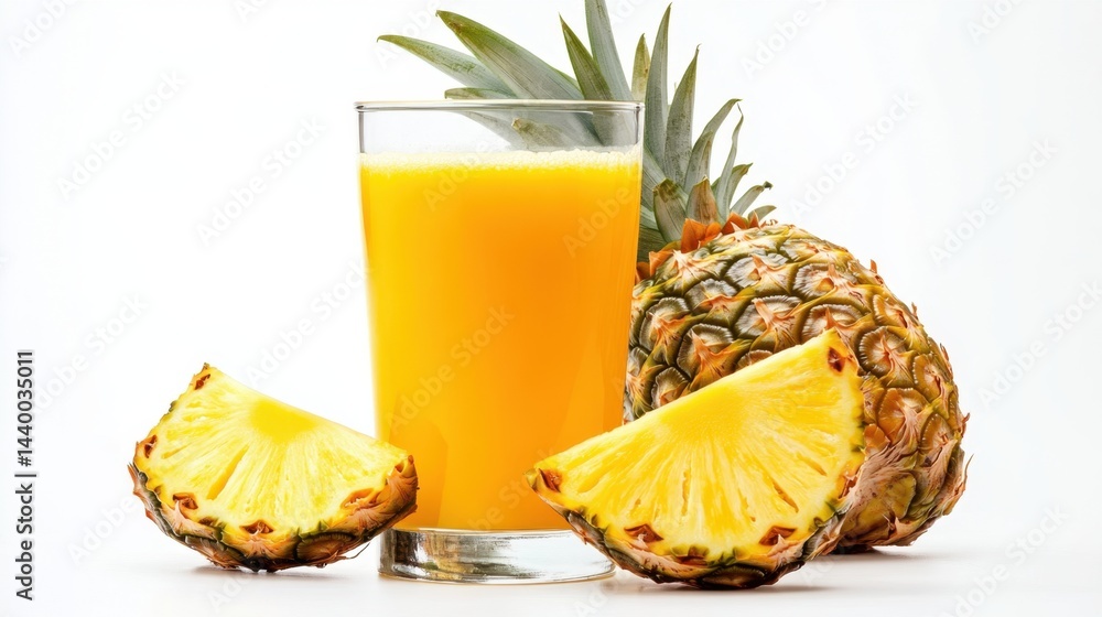 A refreshing glass of pineapple juice and two juicy pineapple slices on a clean white background