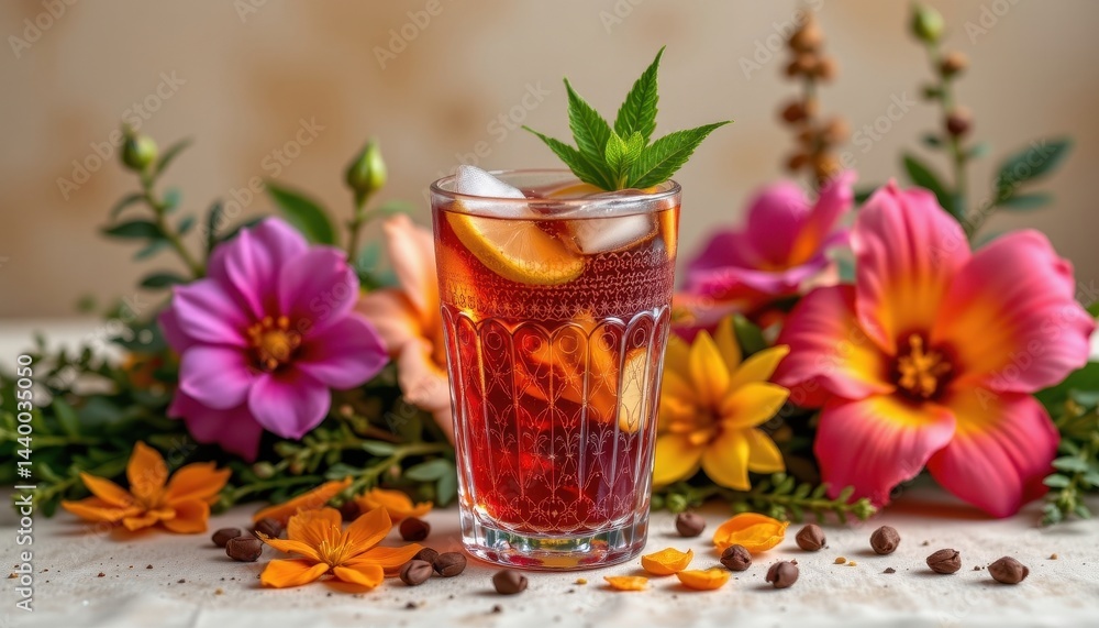 cultural motif a traditional patterned glass filled with a local drink, surrounded by native flowers and plants, reflecting cultural heritage. cultural motif a traditional patterned glass filled with a local drink, surrounded by native flowers and plants, reflecting cultural heritage.