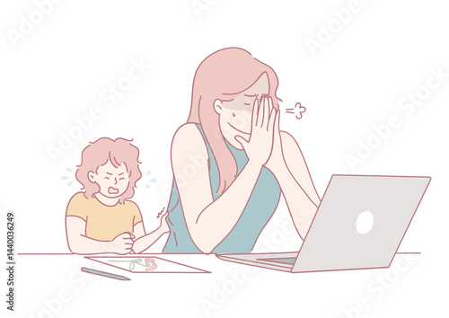 A frustrated mother grapples with trying to concentrate on her work while simultaneously managing a noisy child