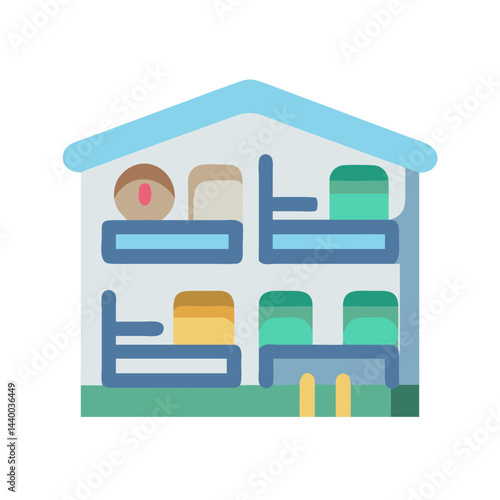 Cartoon Bunk Beds in a Dorm Room with Pillows and Linens