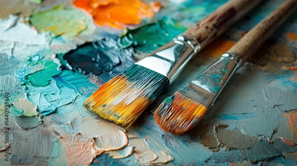 Obraz premium Colorful Paint Palette with Brushes Captured in Artistic Close-Up