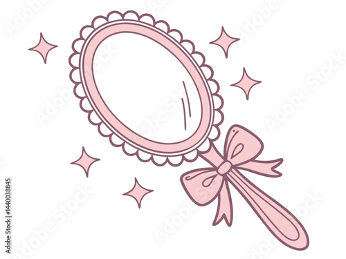 Pink Scalloped Hand Mirror with Bow and Sparkles Illustration
