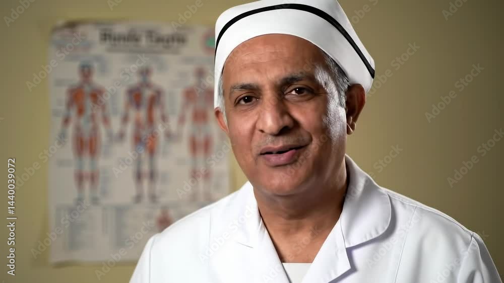 Middle-Aged Male Medical Professional in White Coat and Cap Discussing Anatomy in Clinic with Educational Poster in Background Middle-Aged Male Medical Professional in White Coat and Cap Discussing Anatomy in Clinic with Educational Poster in Background