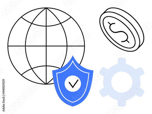 Globe, shield with checkmark, coin, gear representing worldwide safety, fintech, operations. Ideal for finance, security technology innovation strategy productivity global solutions. Flat simple
