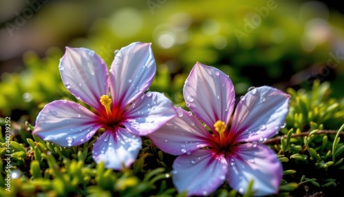 macro photography close up of intricate dew covered flowers on lush moss, emphasizing the details of petals and textures in natural light.