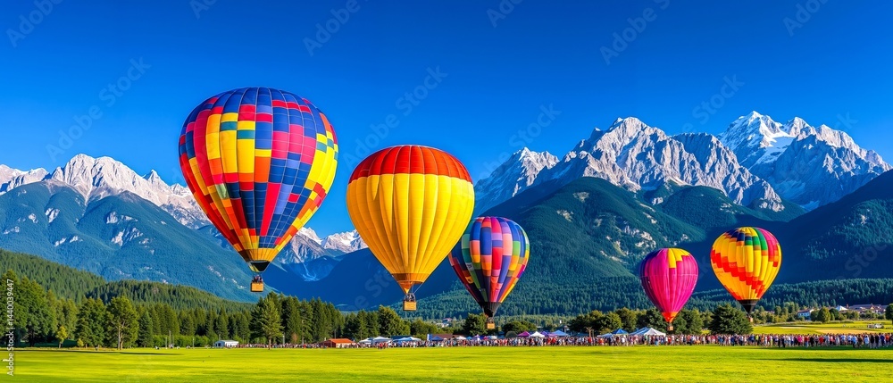 Fototapeta premium A group of hot air balloons flying over a field with mountains in the background
