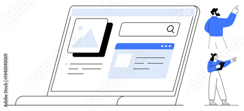 Laptop displaying search bar, image, and content preview with two team members discussing. Ideal for web design, teamwork, planning, interface, collaboration, education simple landing page
