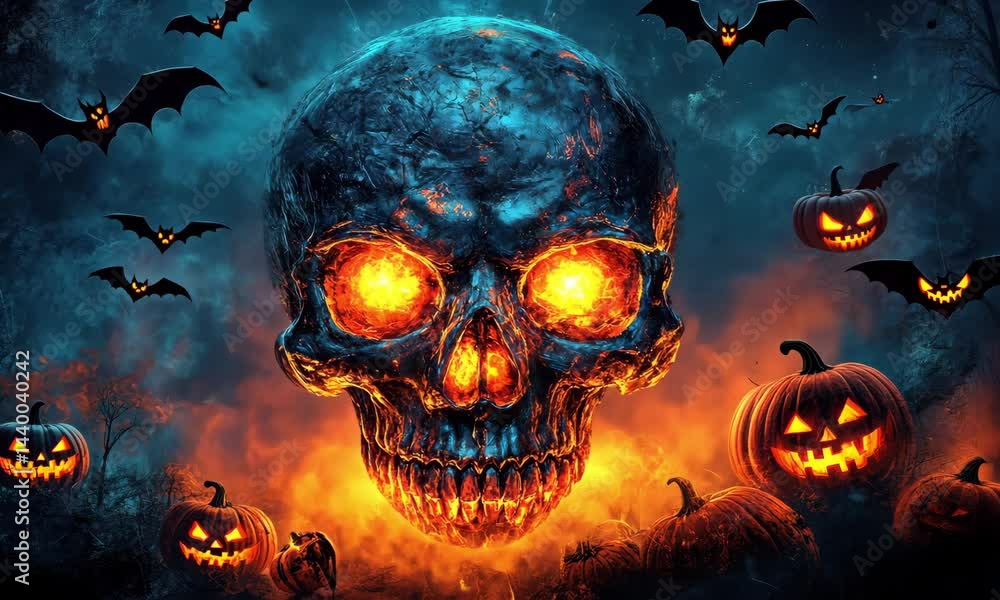 Spooky Halloween background with skulls, pumpkins, and bats. Perfect for Halloween themed projects. Spooky Halloween background with skulls, pumpkins, and bats. Perfect for Halloween themed projects.